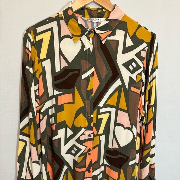 Big Dart Womens Button Down Shirt Long Sleeve Retro Abstract Color Block Funky M - Picture 5 of 14